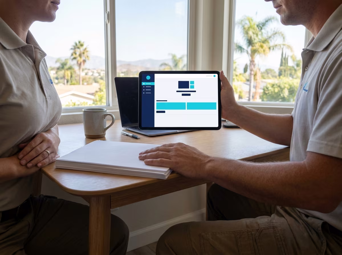 California pool inspector at desk reviewing both an iPad with a new pool inspection software interface and a stack of printed PoolDial inspection records, transition workflow visualization