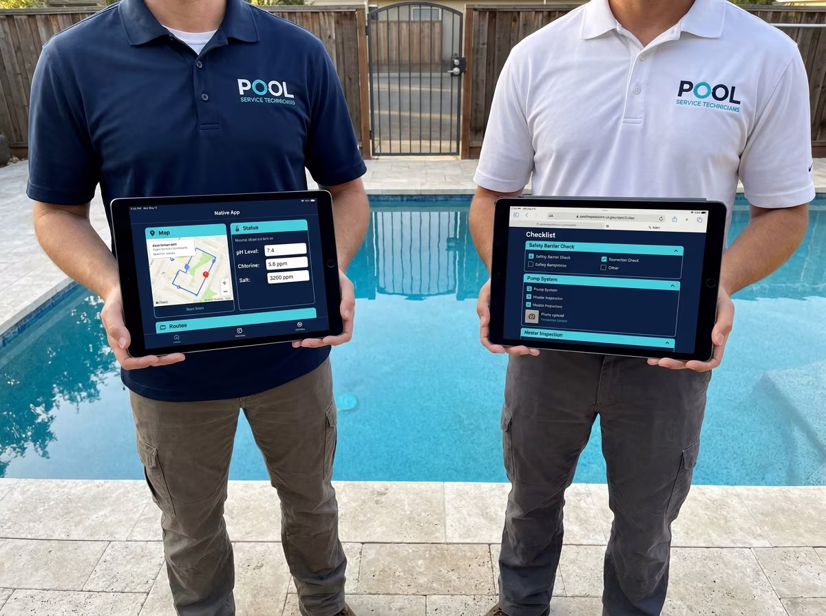 Two California pool service operators on the same residential pool deck holding tablets, one running a PoolDial-style native pool service app and one running a PoolVerify-style California pool inspection web app, side-by-side scene