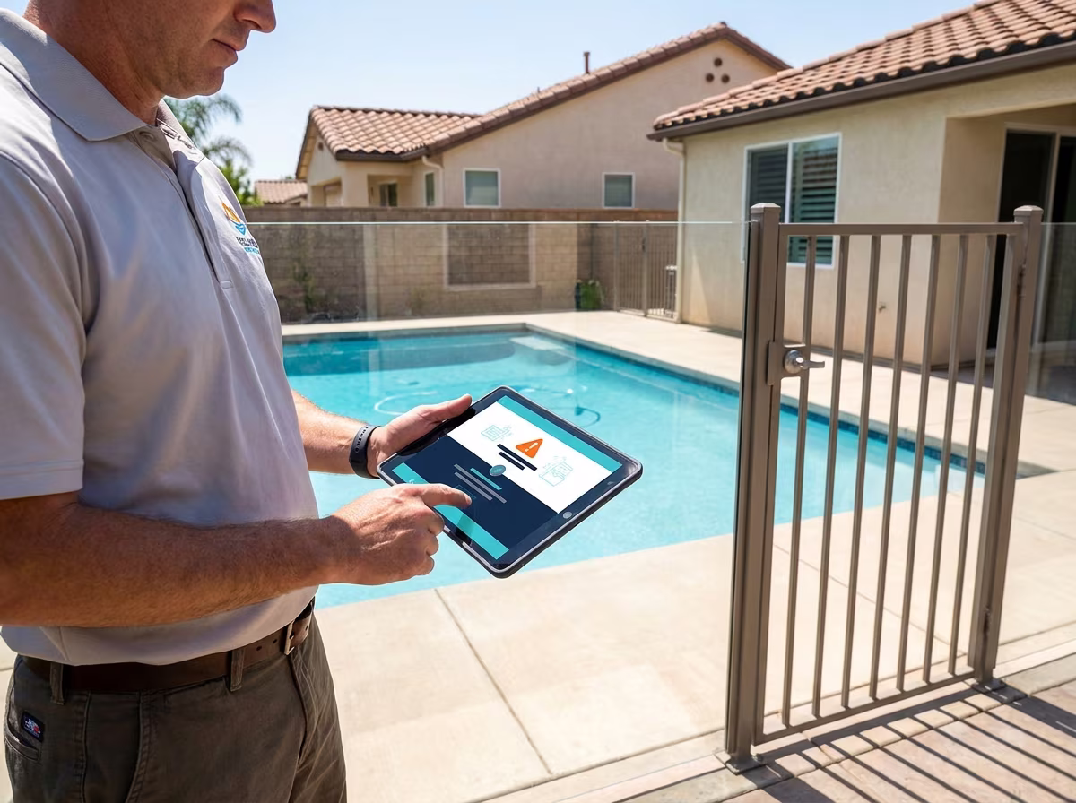 California pool inspector standing beside a residential pool with a tablet showing a compliance warning, glass pool safety enclosure and self-closing gate visible behind the inspector