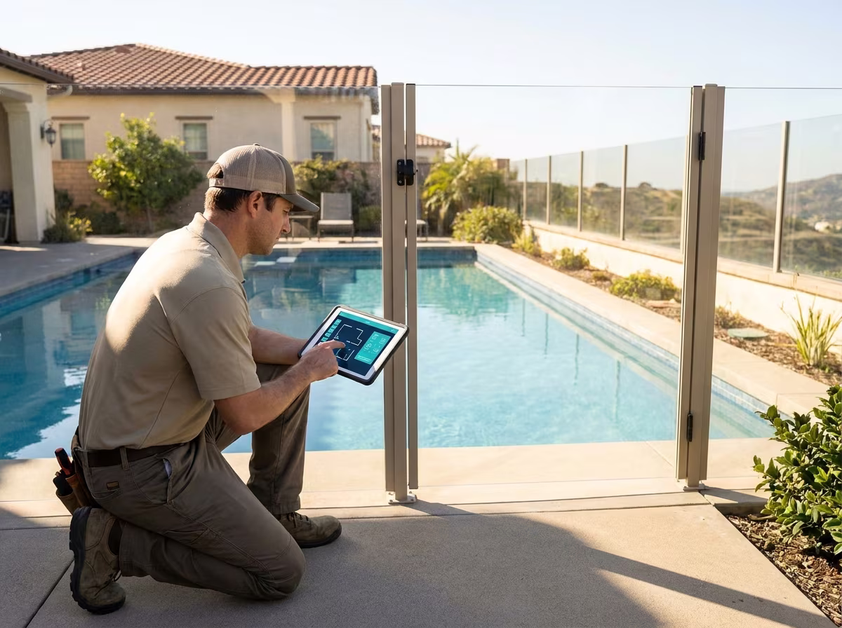 Solo California pool inspector working on a residential pool deck with an iPad showing an inspection in progress, glass pool fence visible behind, professional clothing