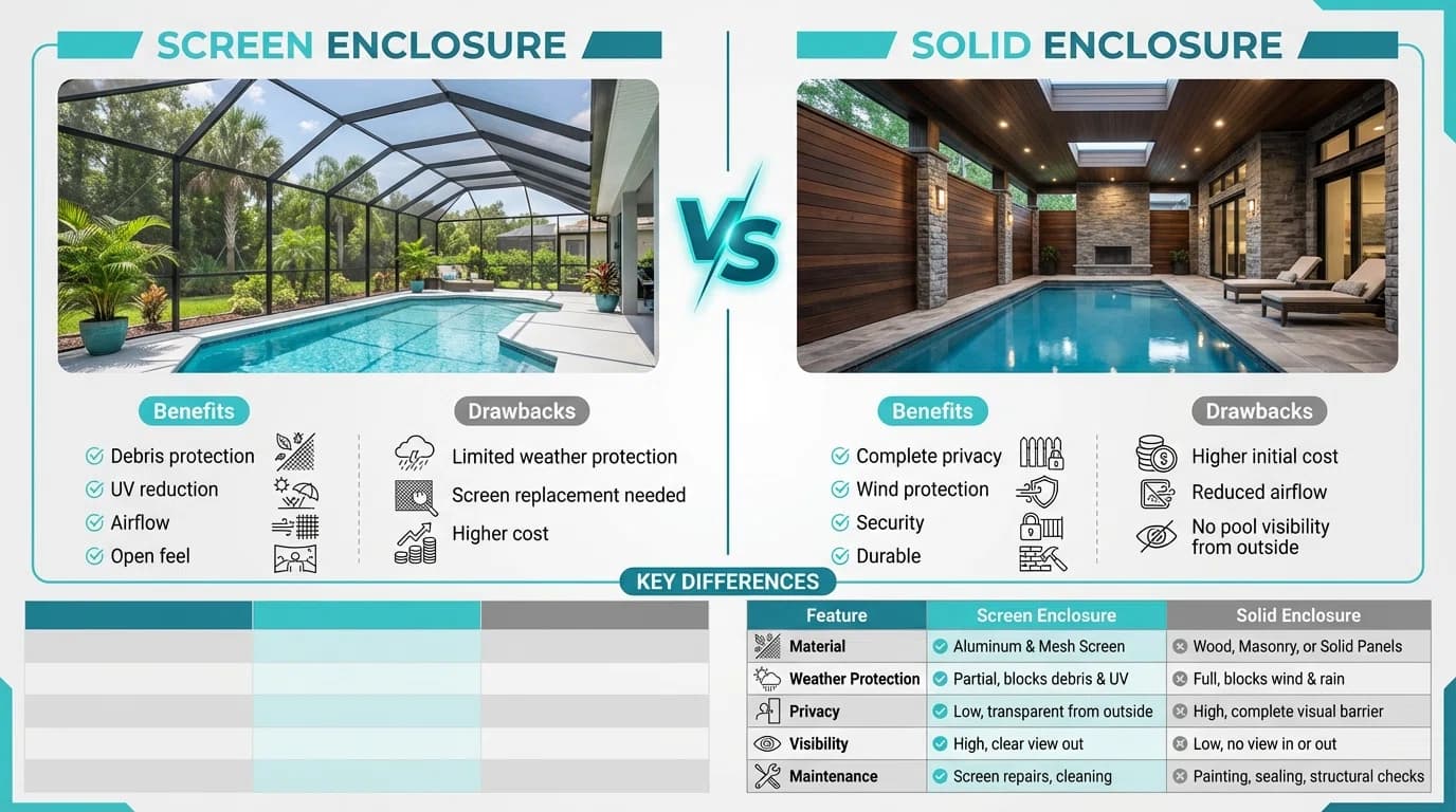 Comparison of screen enclosures vs solid enclosures showing advantages of each