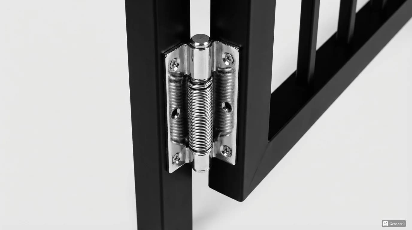 Close-up photo of pool gate self-closing spring hinge mechanism showing hardware detail