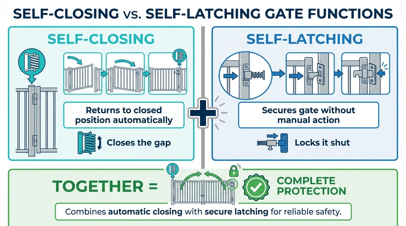 Side-by-side comparison showing self-closing mechanism (top) and self-latching mechanism (bottom)