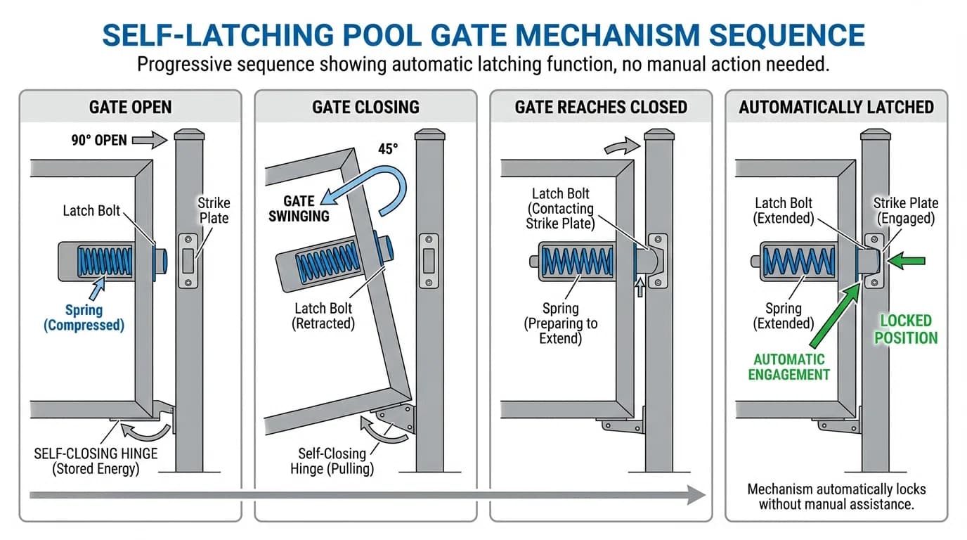 Diagram showing self-latching pool gate mechanism operation from open to closed position