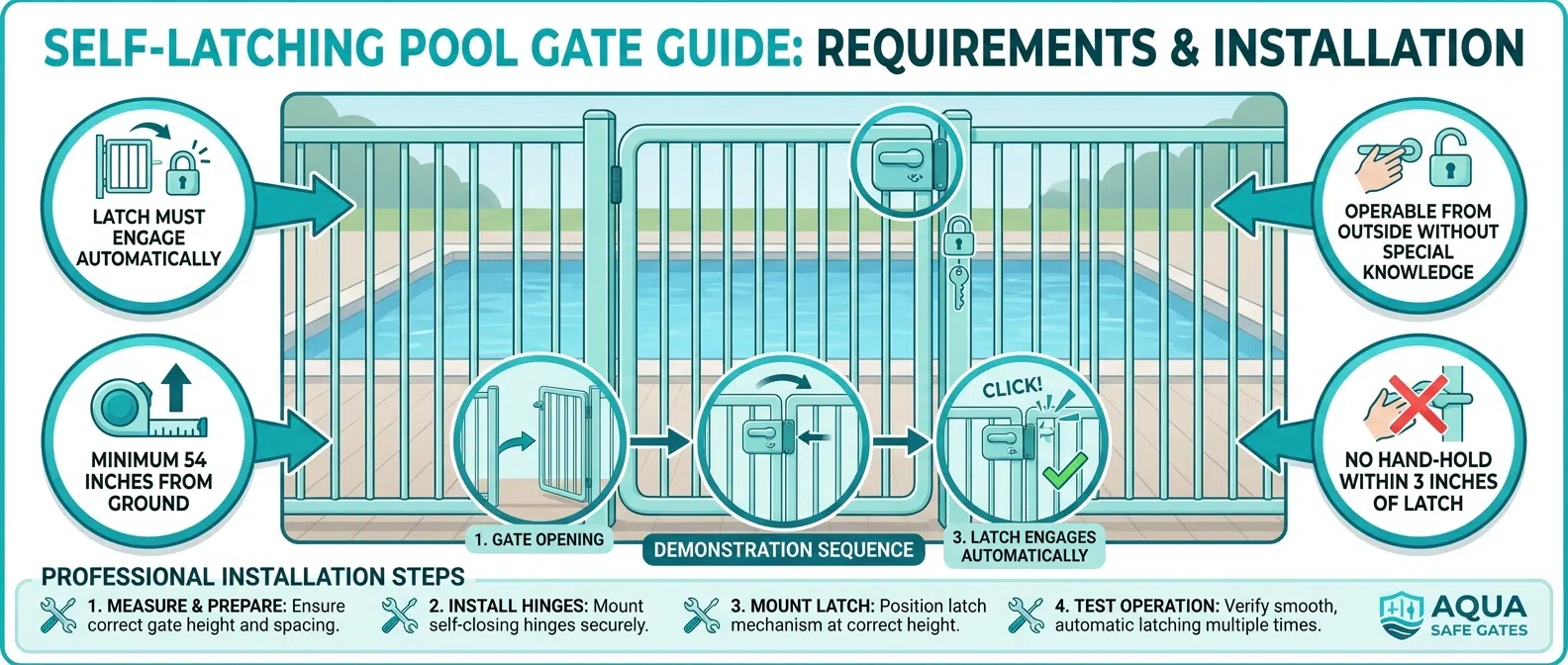 Detailed diagram of self-latching pool gate mechanism showing proper installation