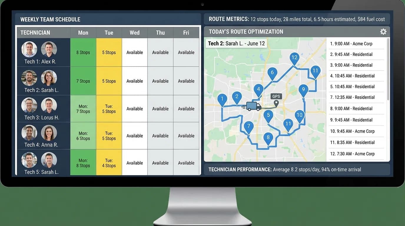 Service management software showing route optimization and technician scheduling