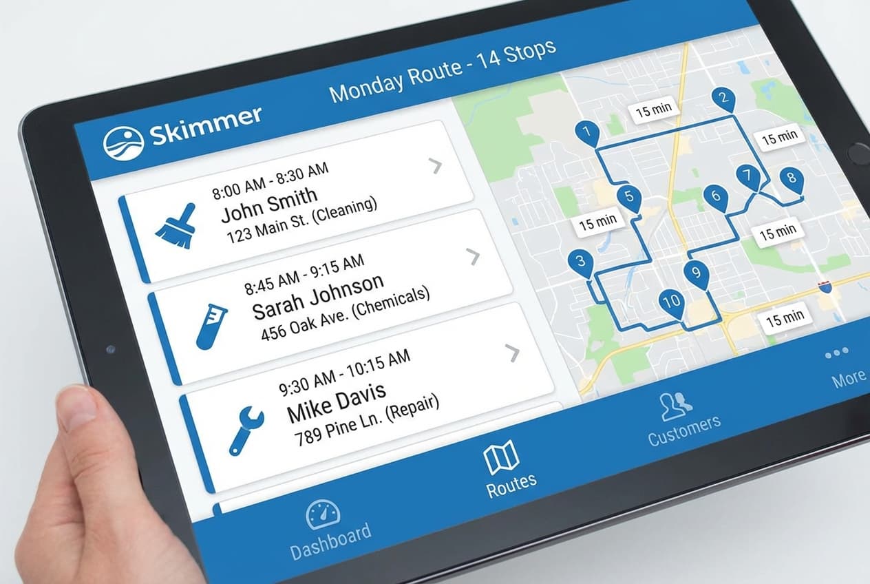 Skimmer interface showing daily route optimization and service schedule for pool technicians