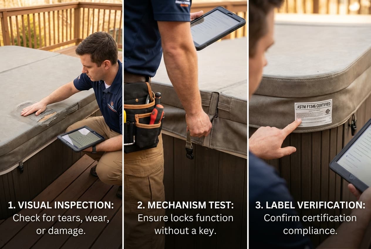 Professional inspector testing spa safety cover locking mechanism