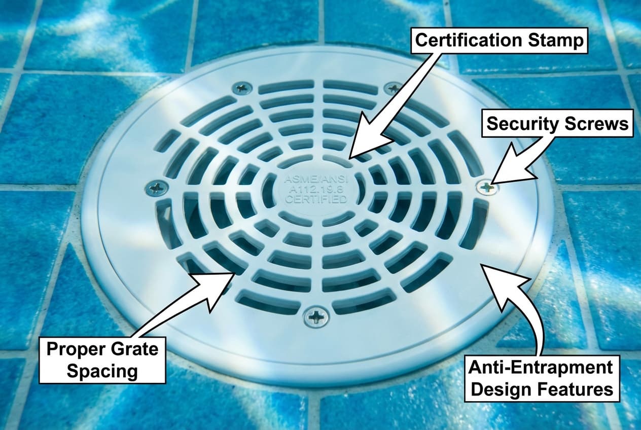 VGB-compliant spa drain cover with ASME/ANSI certification stamp clearly visible