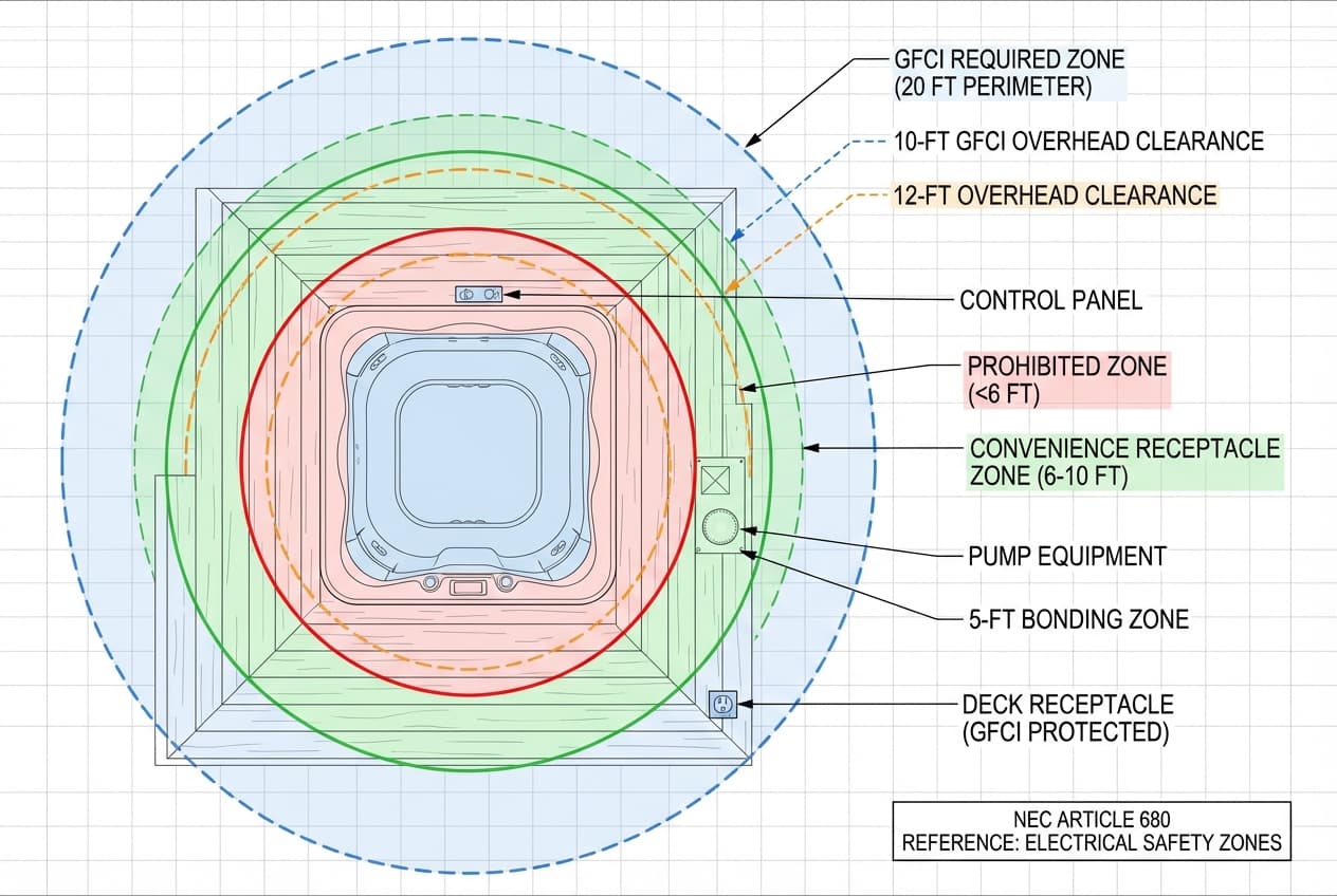 Diagram showing proper GFCI protection zones around residential spa installation