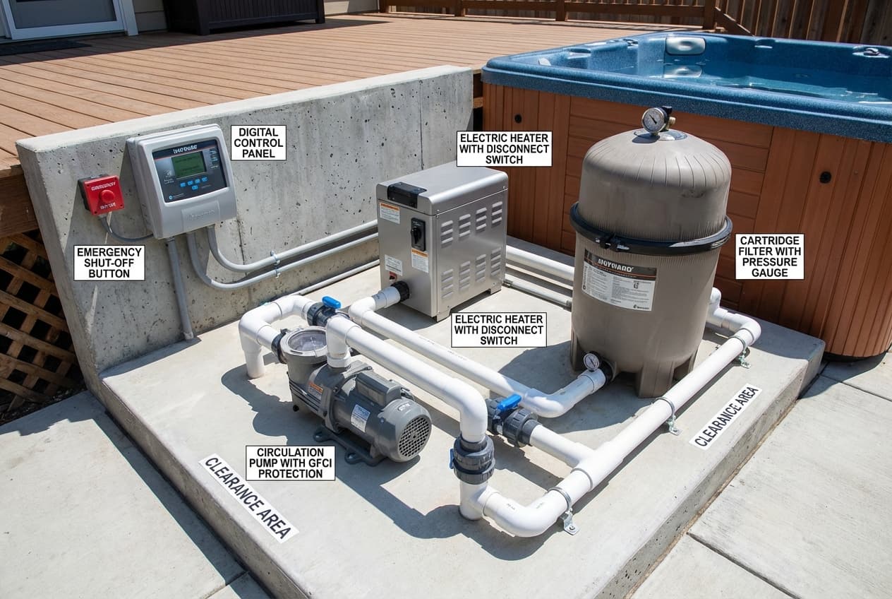 Spa equipment pad showing properly installed pump, heater, and filter system with required clearances