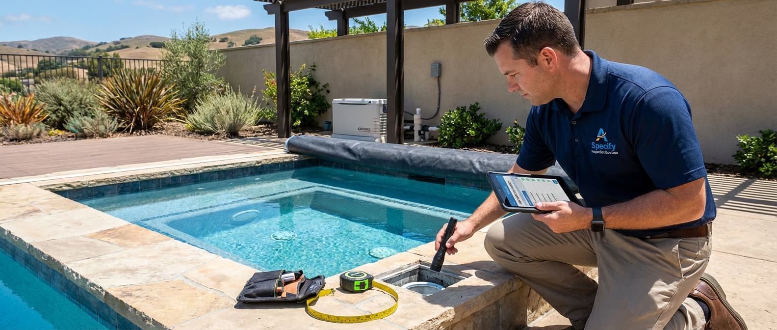 Professional inspector examining hot tub safety features with digital inspection tablet in residential backyard