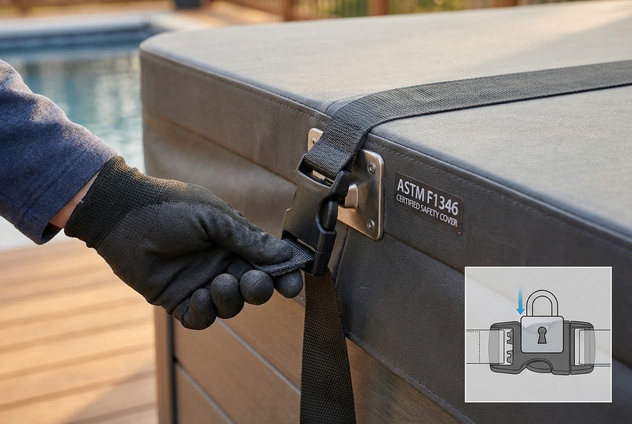 Close-up of compliant locking spa cover mechanism with ASTM certification label