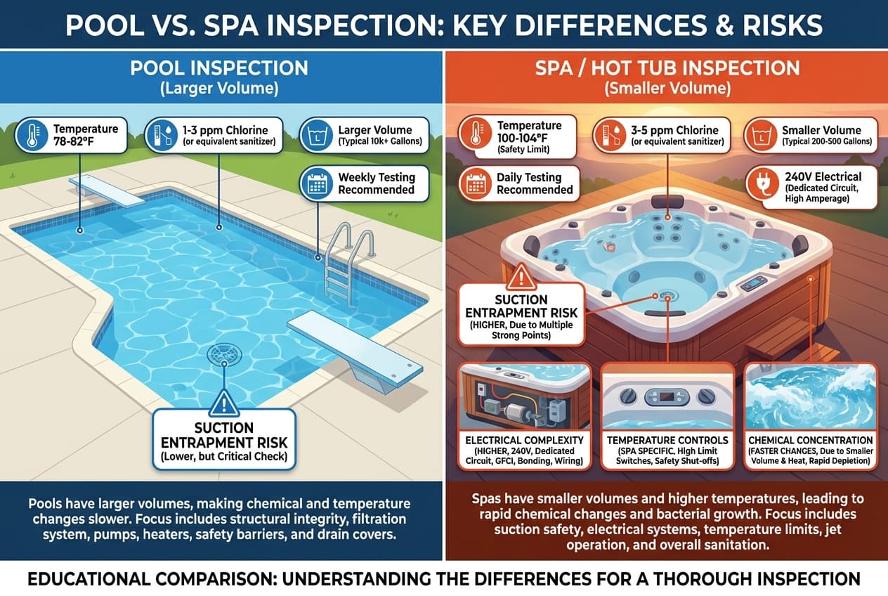 Technical diagram comparing pool vs spa safety feature differences