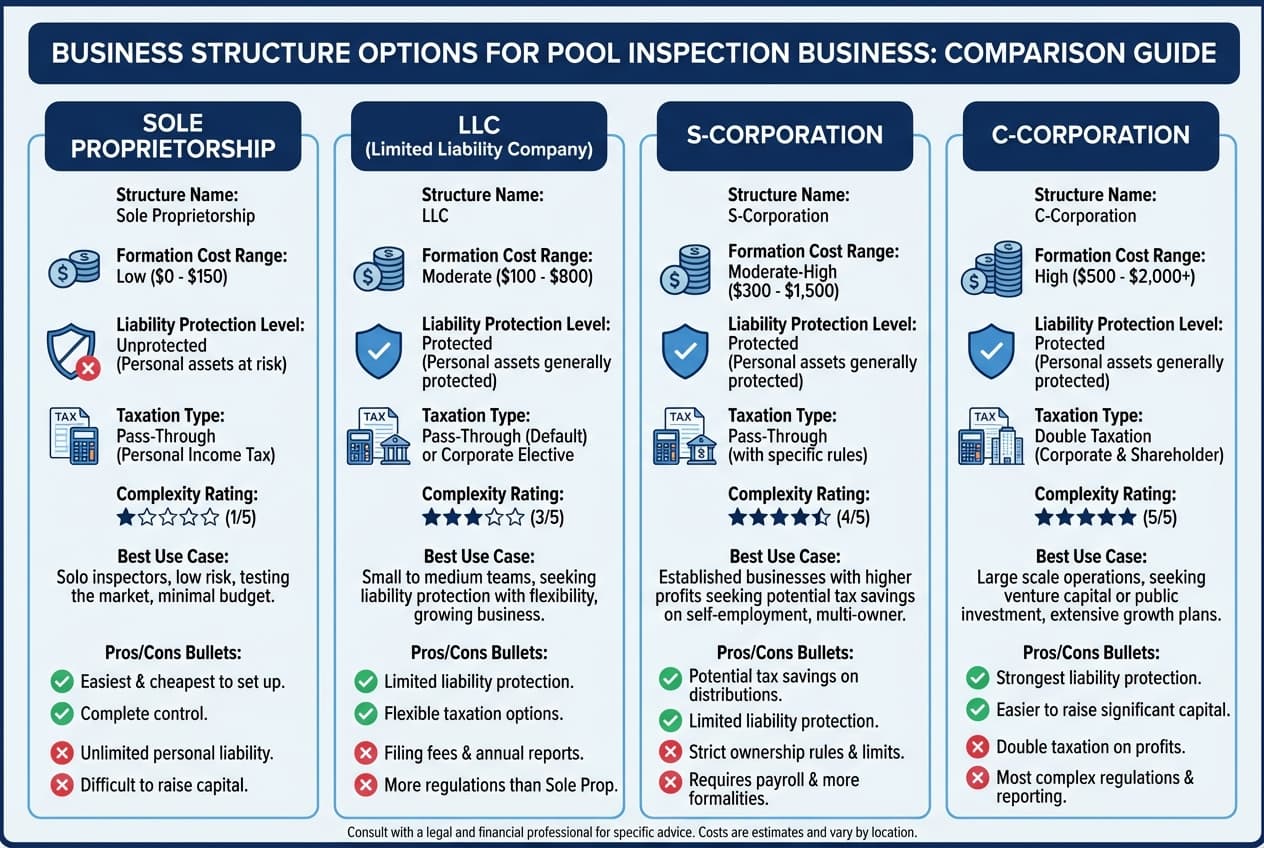 Business structure comparison chart showing pros, cons, costs, and best use cases