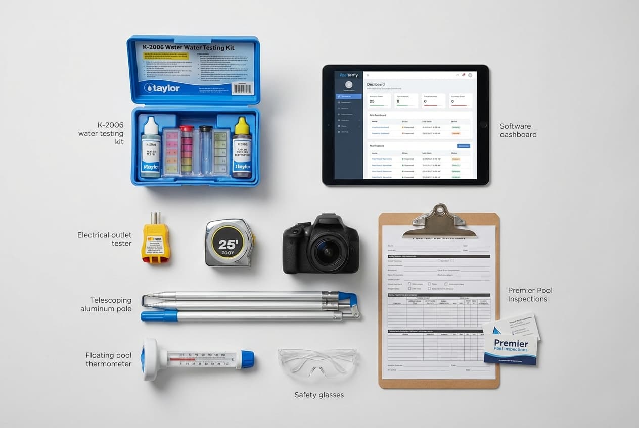 Essential pool inspection equipment laid out professionally showing all testing tools