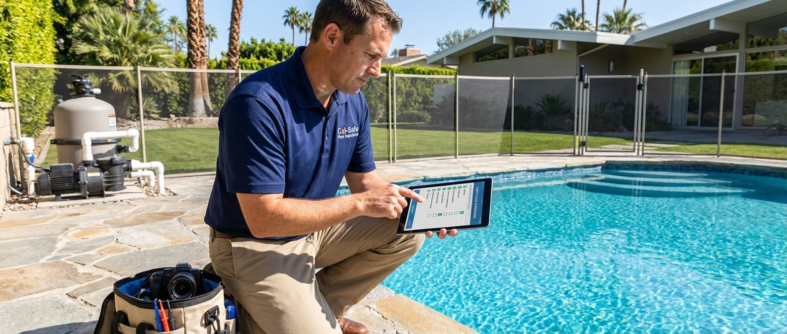 Professional pool inspector conducting safety assessment at residential pool with inspection equipment and digital tablet