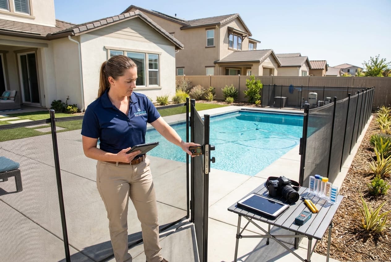 Professional pool inspector conducting comprehensive safety assessment with digital inspection equipment