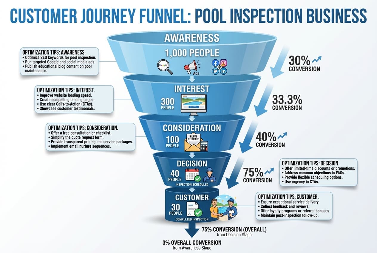 Digital marketing funnel showing conversion path from search to booking
