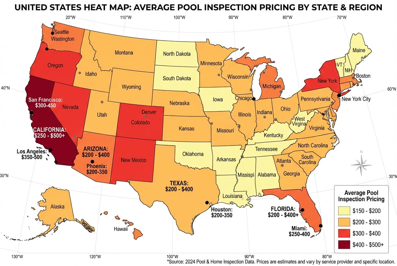 Geographic pricing heat map showing average pool inspection rates across United States