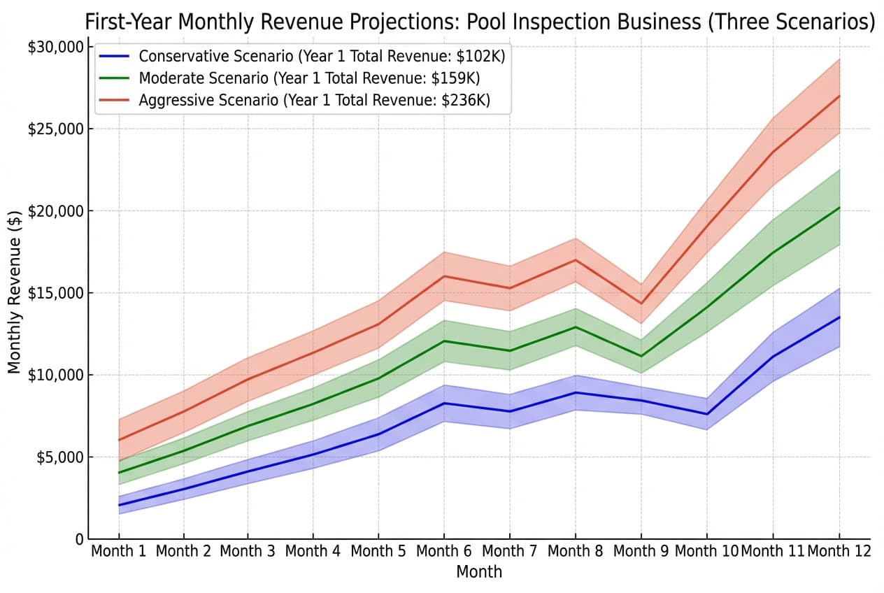 Monthly revenue projection graph showing conservative, moderate, and aggressive growth curves