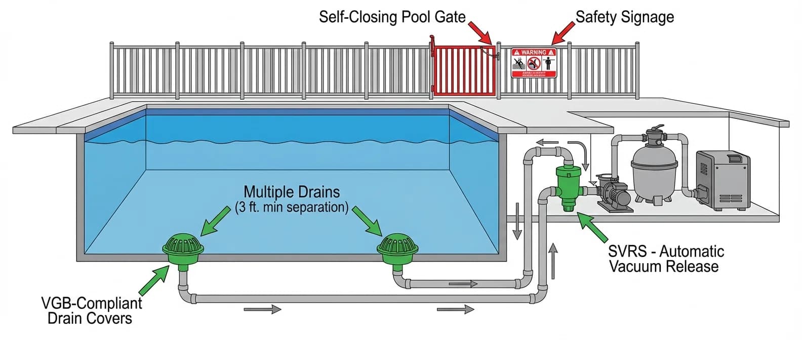 Pool safety diagram showing suction entrapment prevention devices and systems