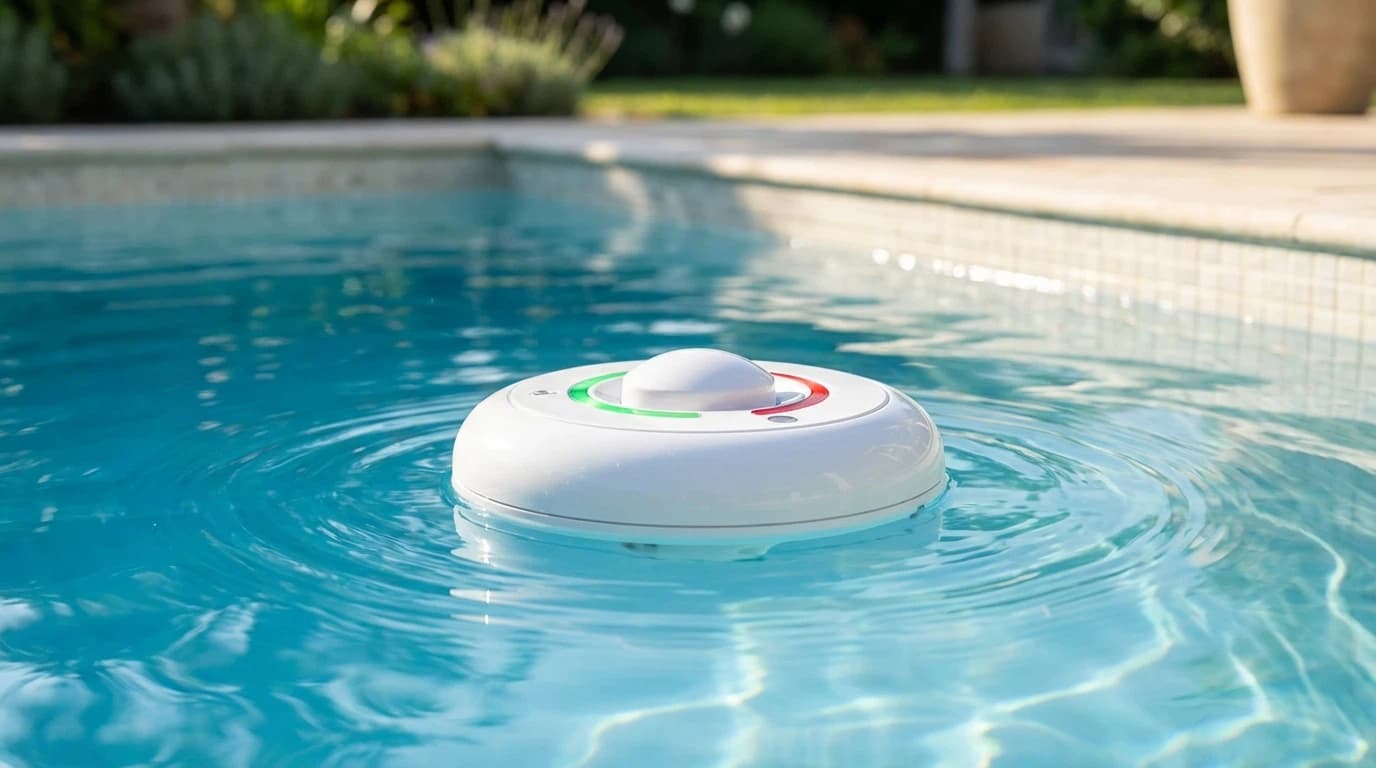 Surface wave pool alarm floating on residential swimming pool