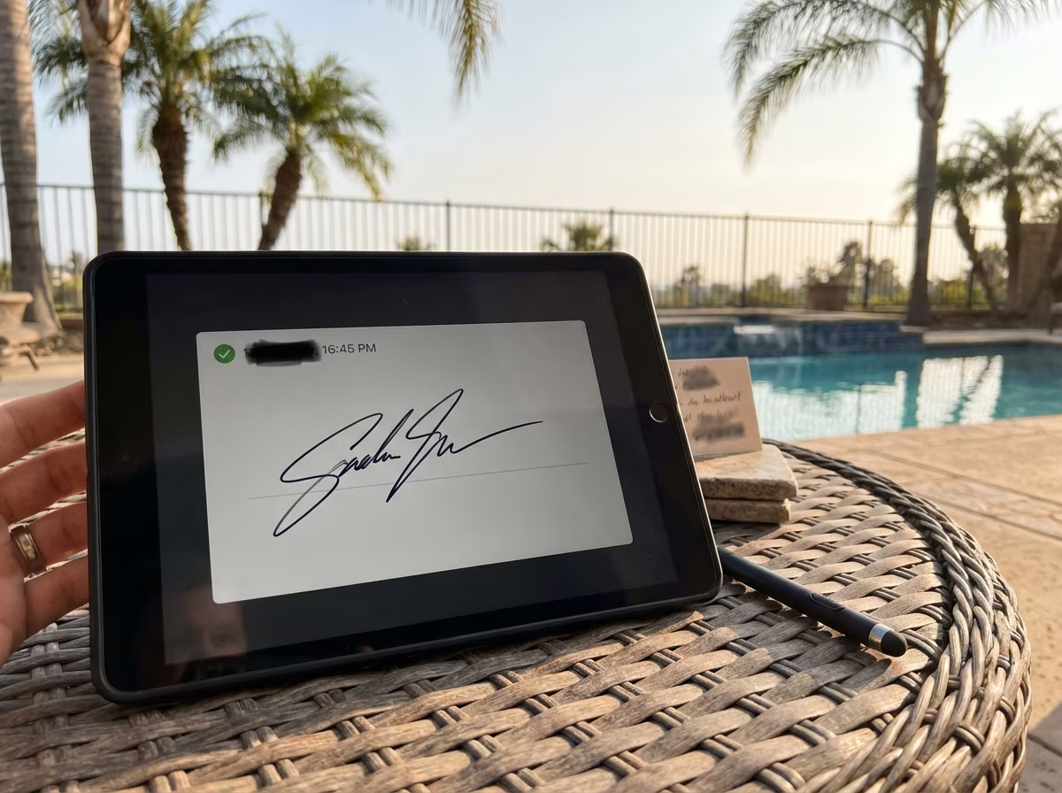 Digital signature collection on tablet at poolside