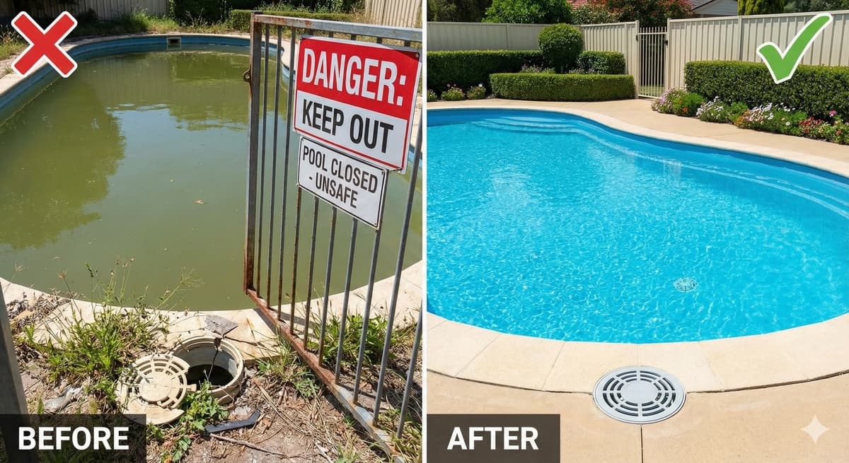 Pool inspector reviewing failed inspection items on a tablet beside a residential pool with safety issues