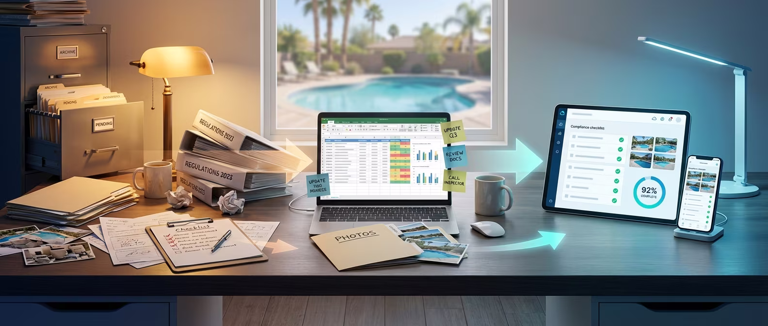 Three compliance tracking methods compared side by side for pool inspectors