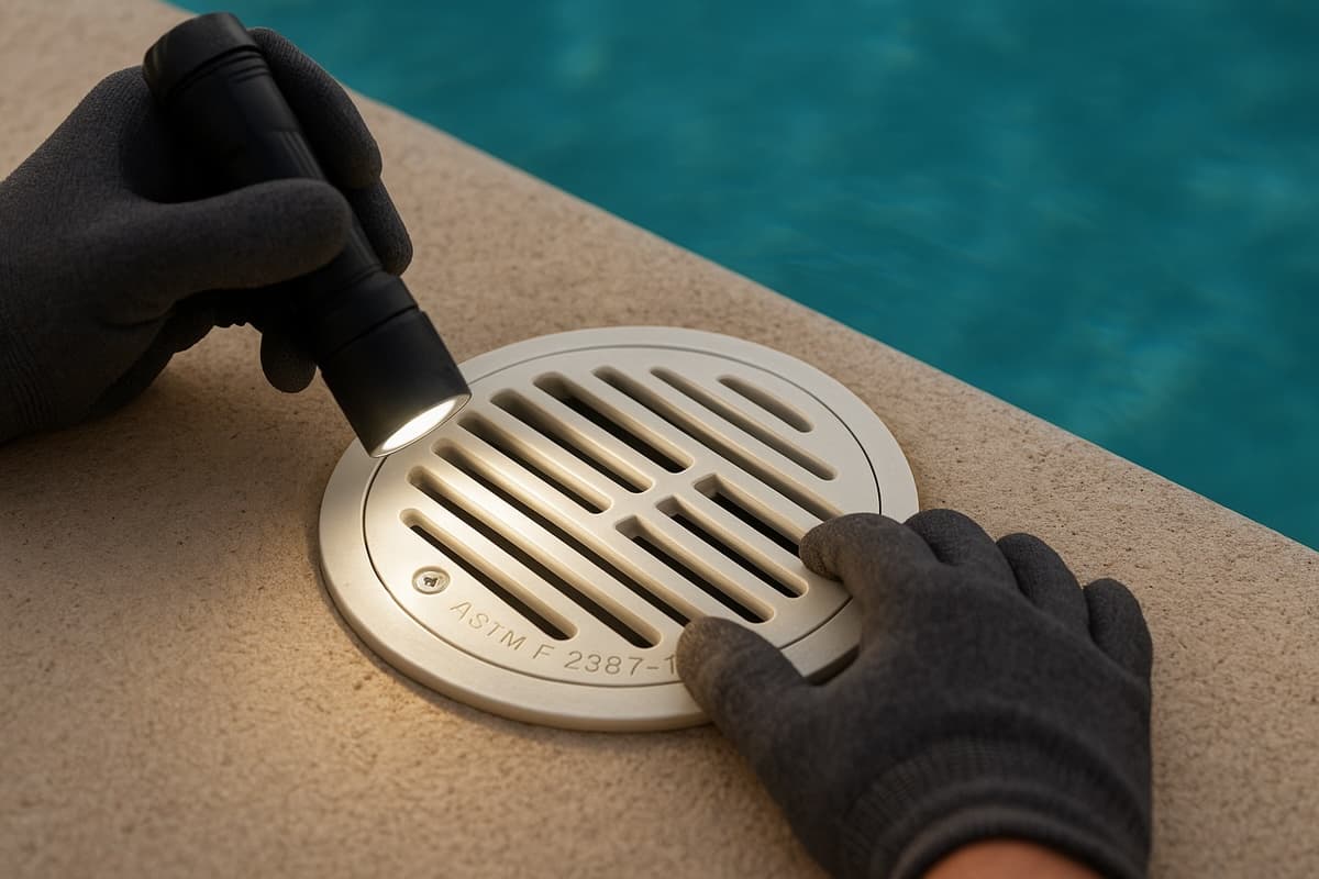 Close-up of pool inspector examining drain cover with flashlight, checking safety compliance during professional inspection