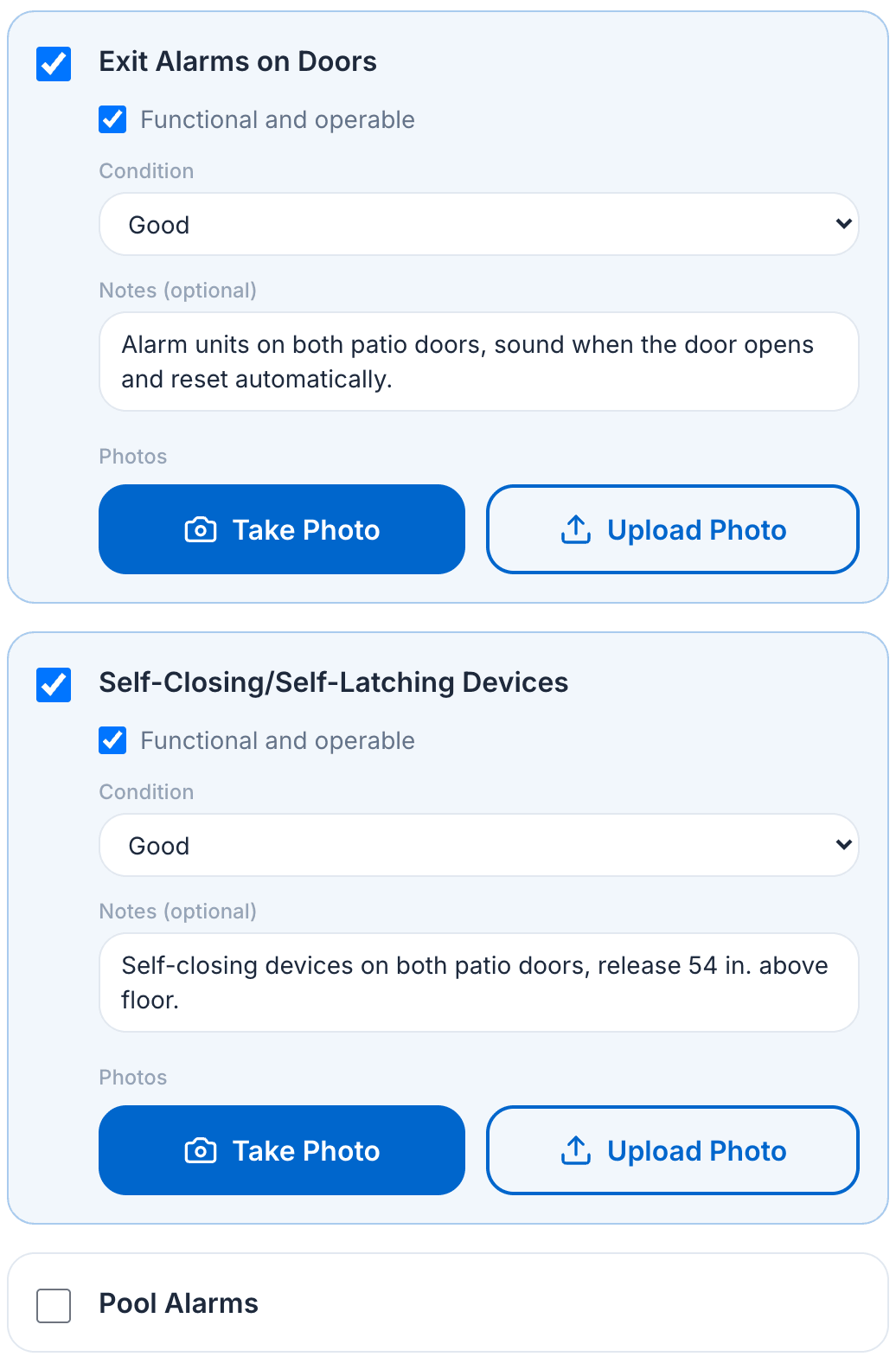 The PoolVerify safety features checklist on a tablet, with pass, fail, and not present controls and photo buttons on each HSC §115922 item