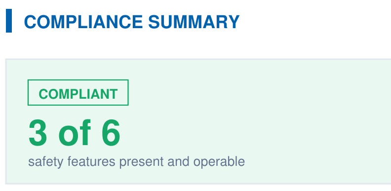 Compliance summary from page 1 of a PoolVerify inspection report, listing the HSC §115922 safety features found and the result