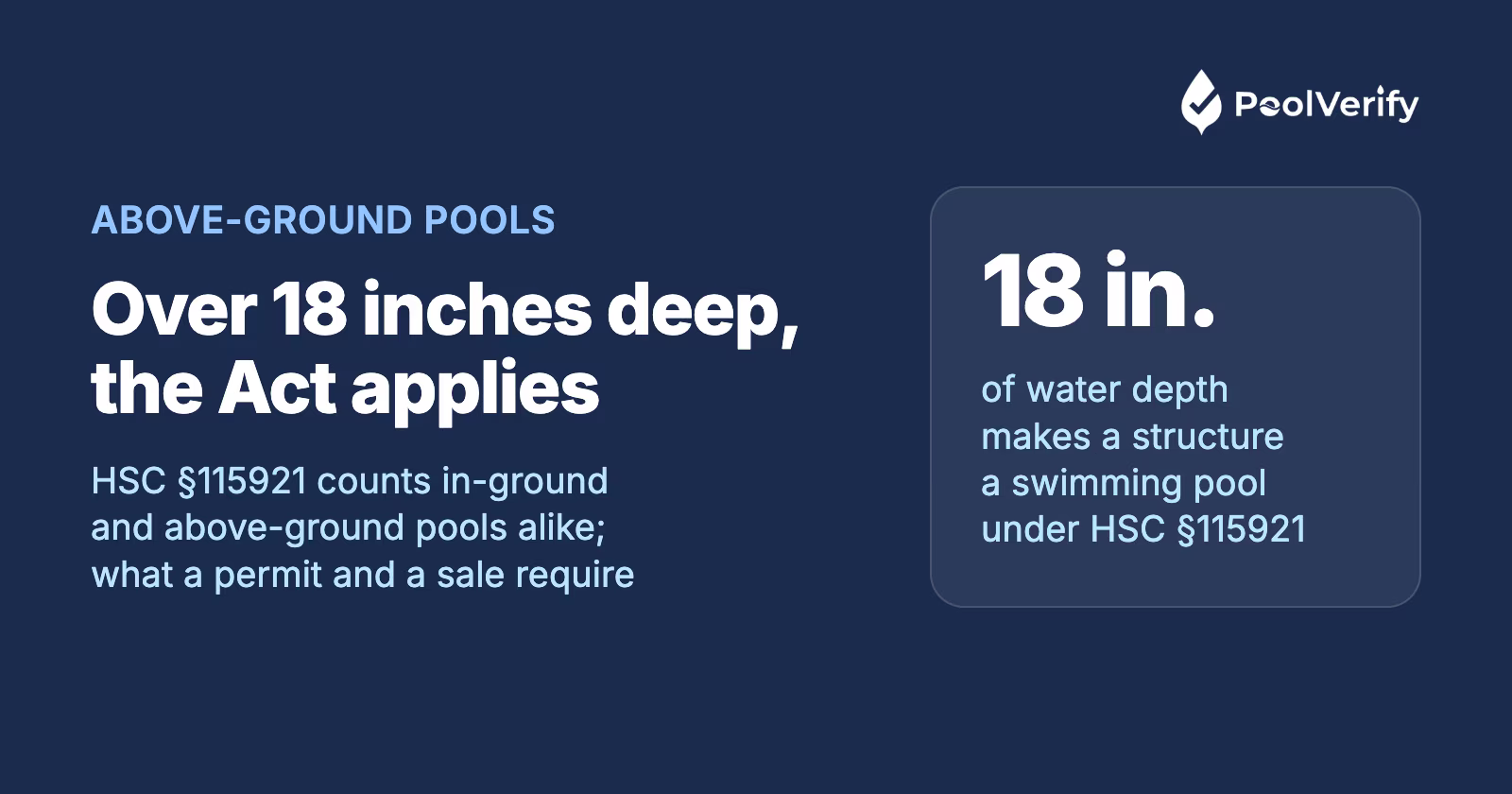 HSC §115921 counts in-ground and above-ground pools alike once the water is over 18 inches deep; what a permit and a sale require
