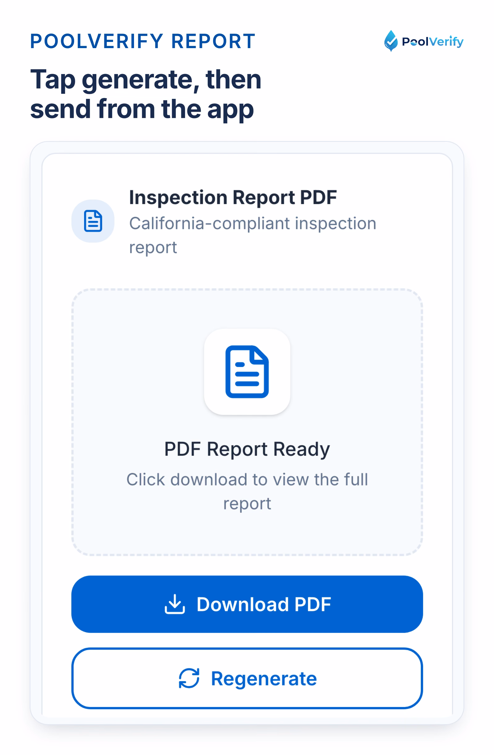 The PoolVerify report panel: generate the PDF and send it to the client from the same screen