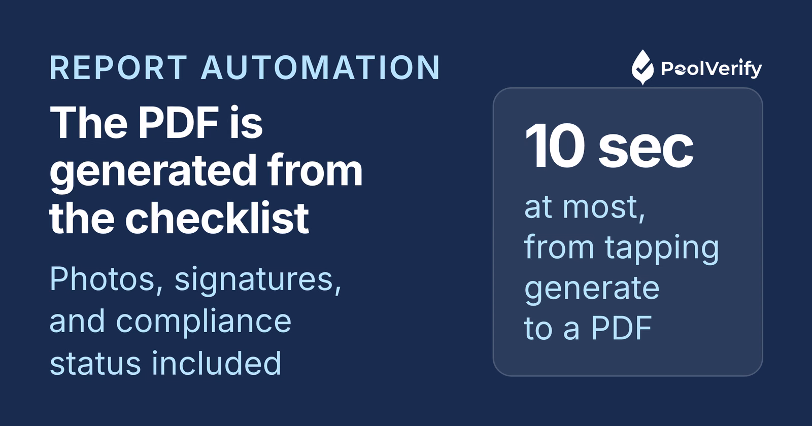 Automated pool inspection reporting: the PDF is generated from the completed checklist in under 10 seconds
