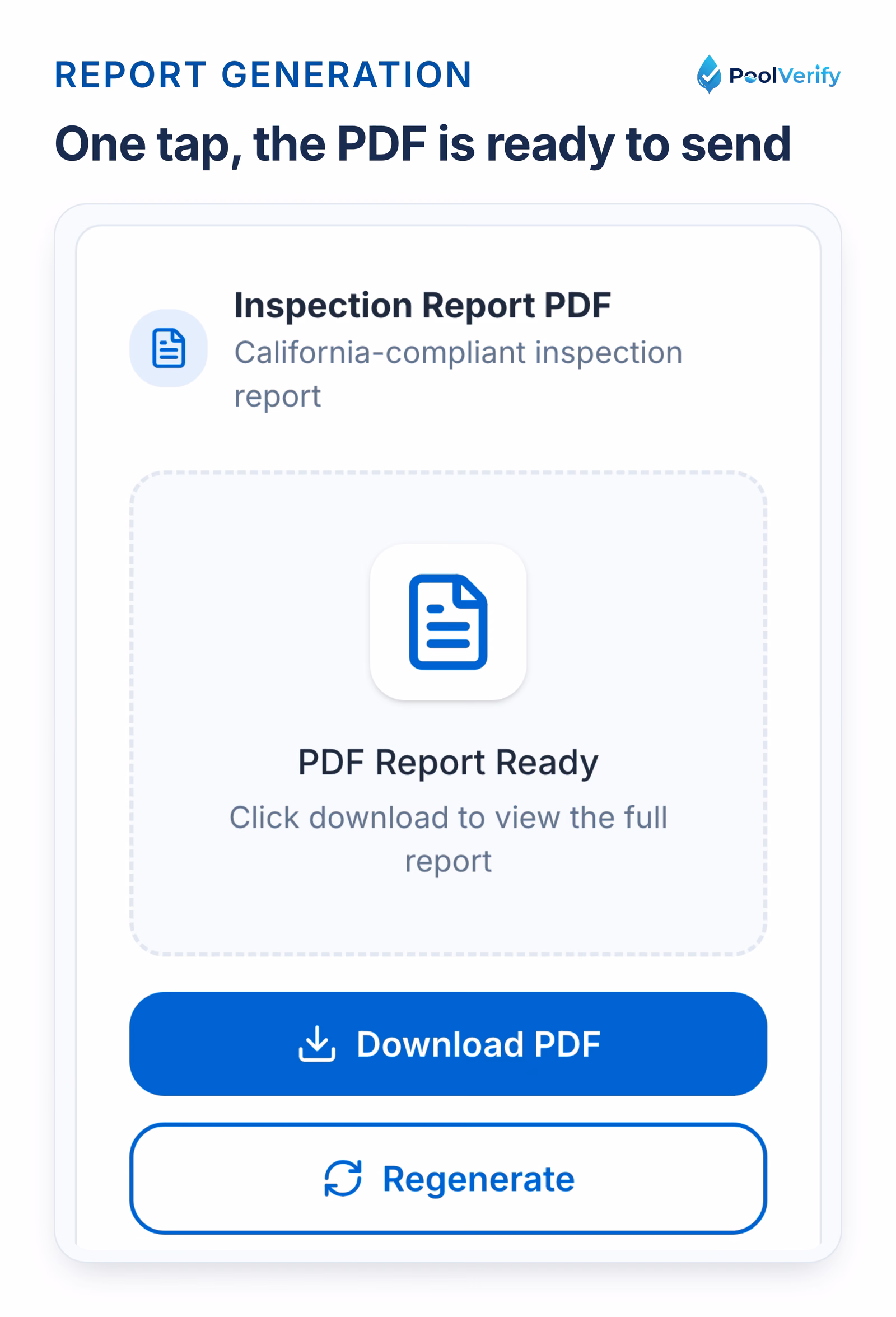 The PoolVerify report panel with the generate PDF and send buttons