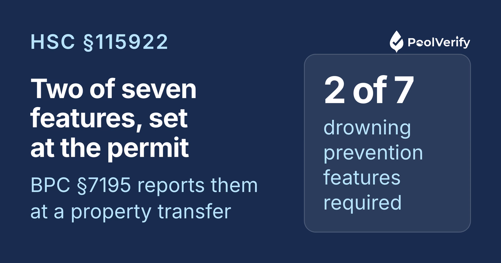 HSC §115922 requires two of seven safety features at a building permit; BPC §7195 reports them at a property transfer.