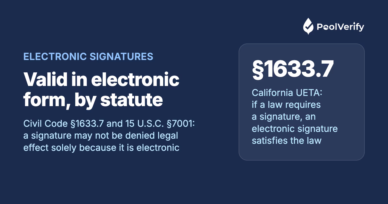 Civil Code §1633.7 and 15 U.S.C. §7001: an electronically signed pool inspection report may not be denied legal effect for its form