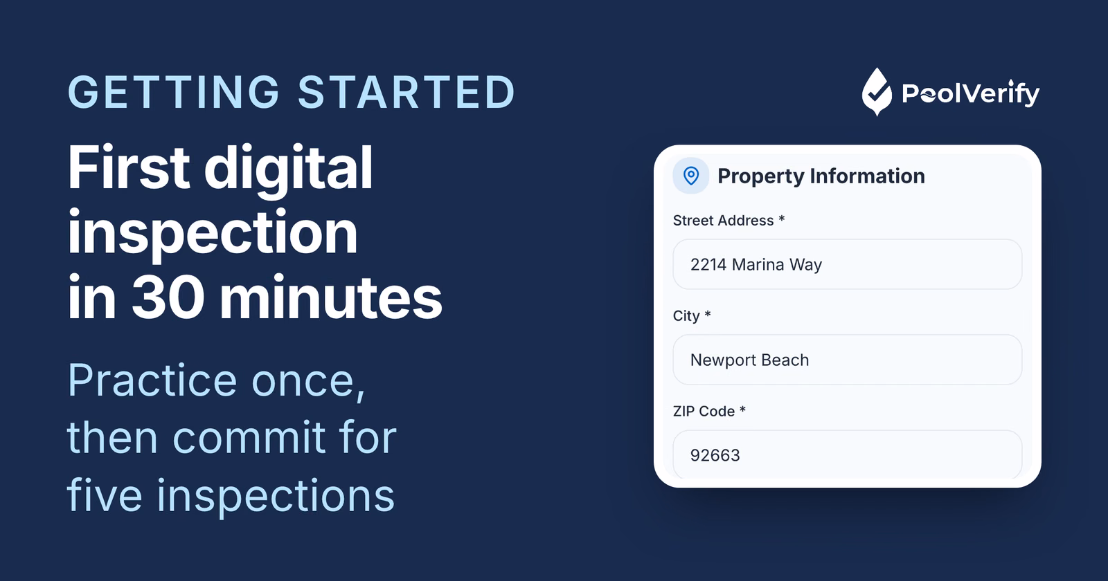 PoolVerify's new inspection form; most inspectors complete their first digital inspection within 30 minutes of signing up.