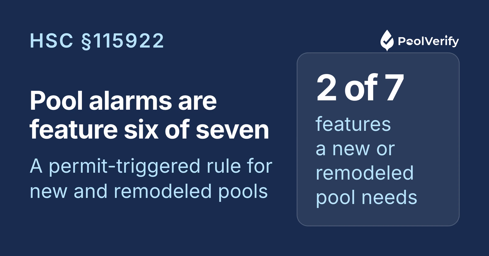 Pool alarms are the sixth of seven HSC §115922 drowning prevention features; a new or remodeled pool needs two.