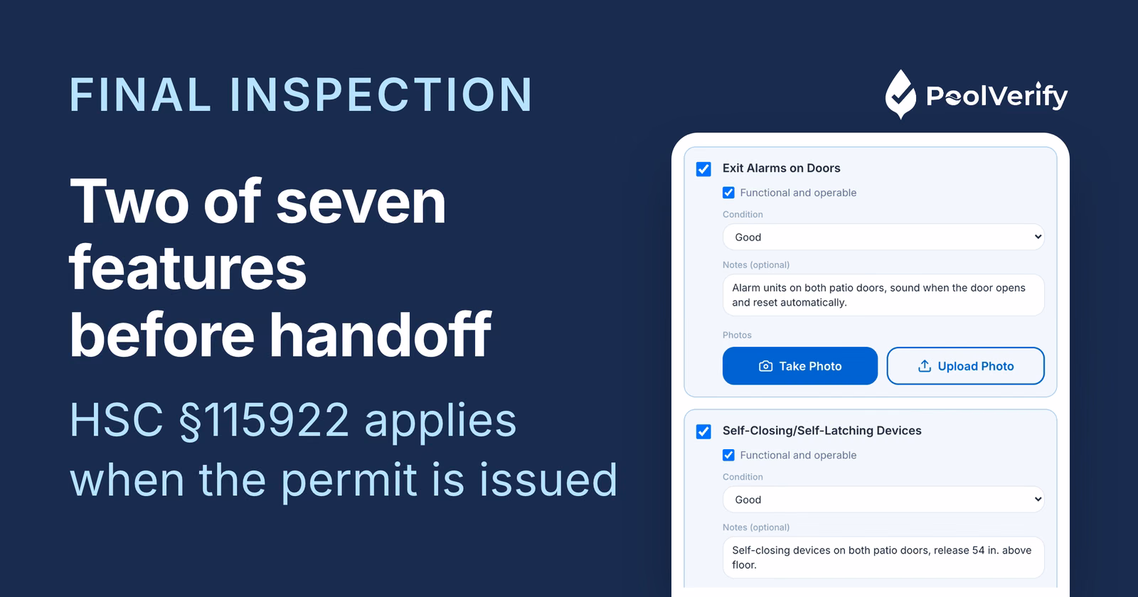 The PoolVerify safety features checklist on a tablet, used for the final HSC §115922 check before a pool is handed over.