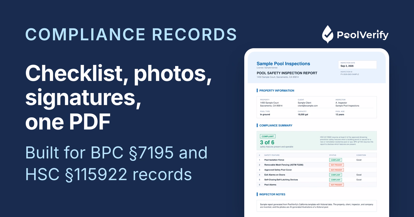 Page 1 of a PoolVerify inspection report with the header, compliance summary, and safety feature table.