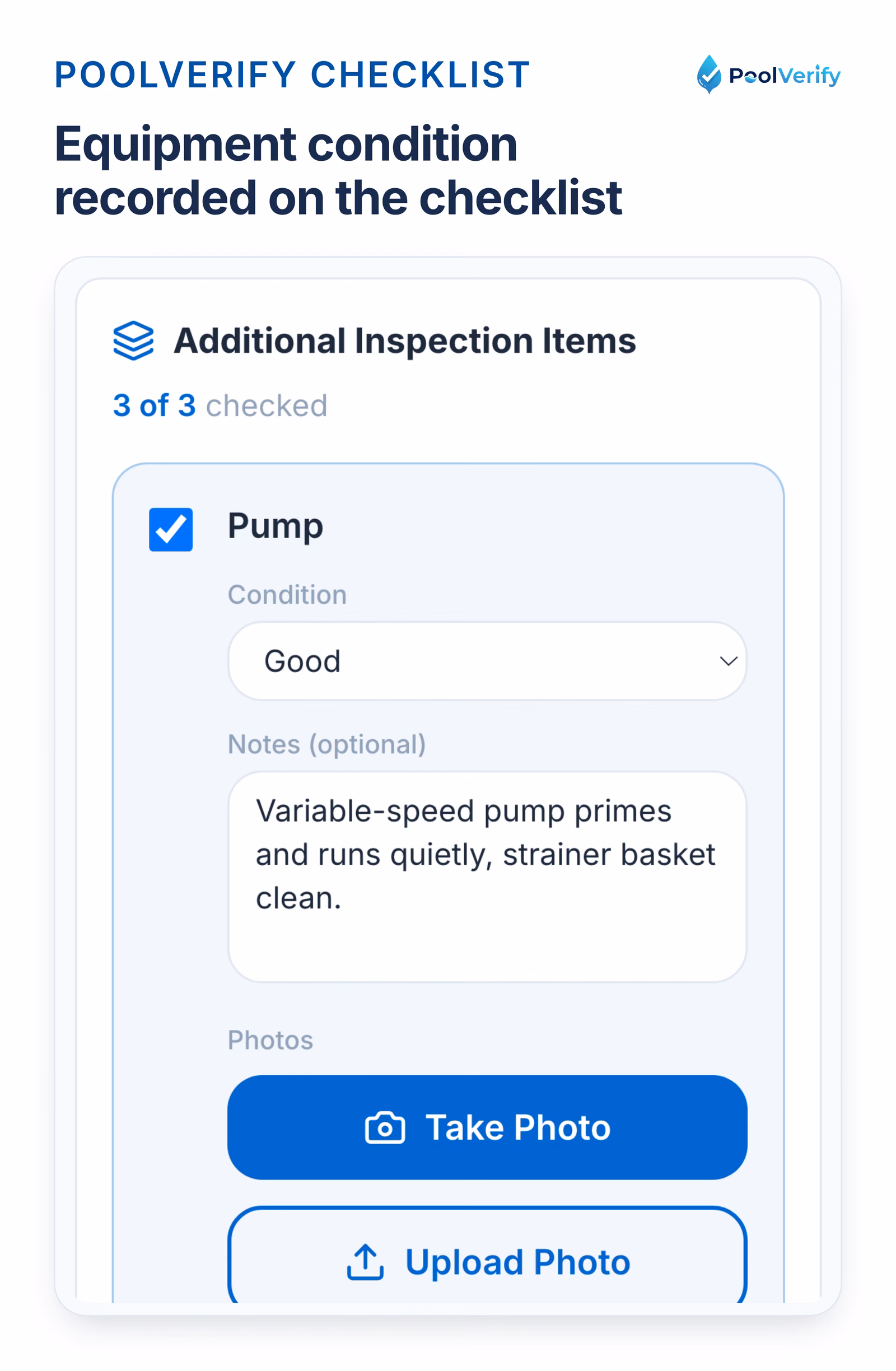 The additional items section of a PoolVerify inspection, with equipment, electrical, and deck conditions.