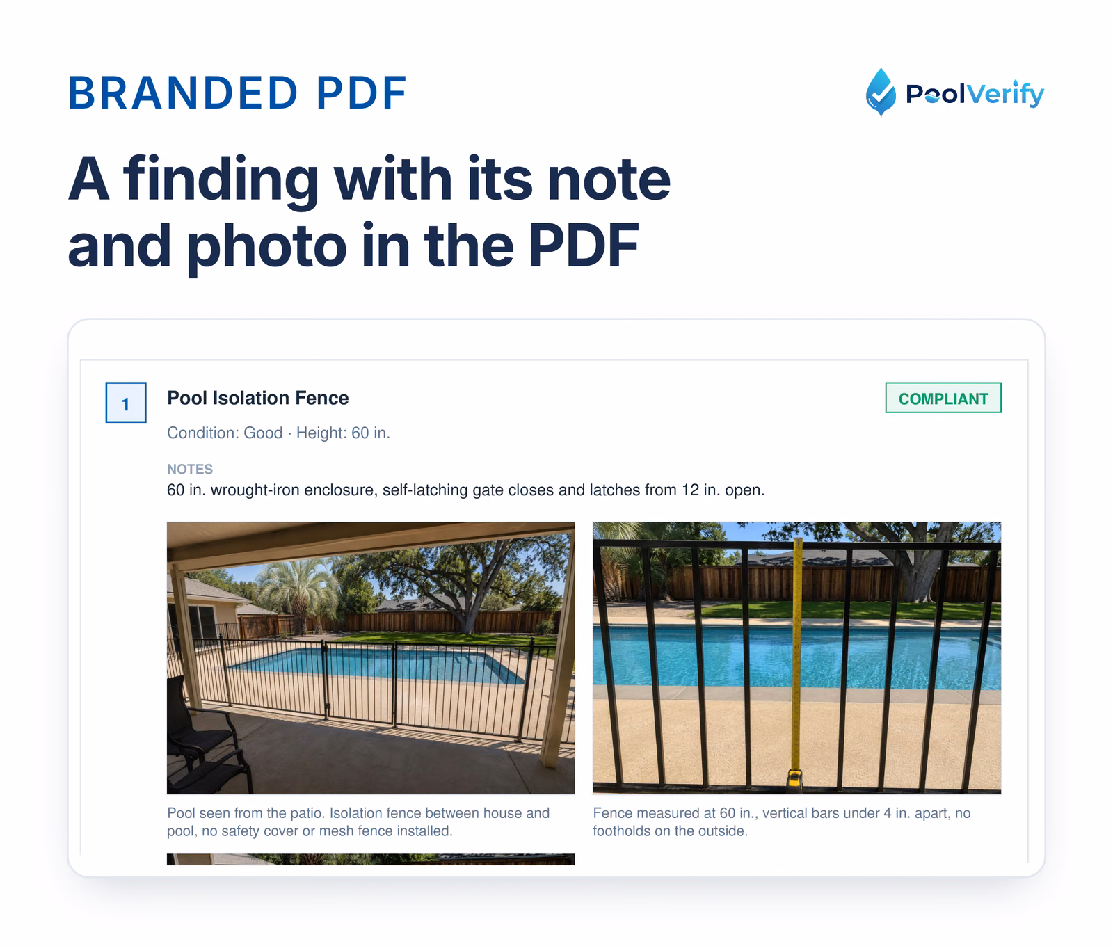 One finding card from a PoolVerify PDF report with the condition, inspector note, and photo together.