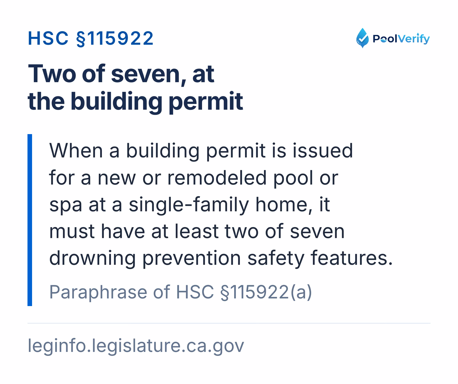 HSC §115922 requires at least two of seven drowning prevention features when a building permit is issued for a pool or spa.