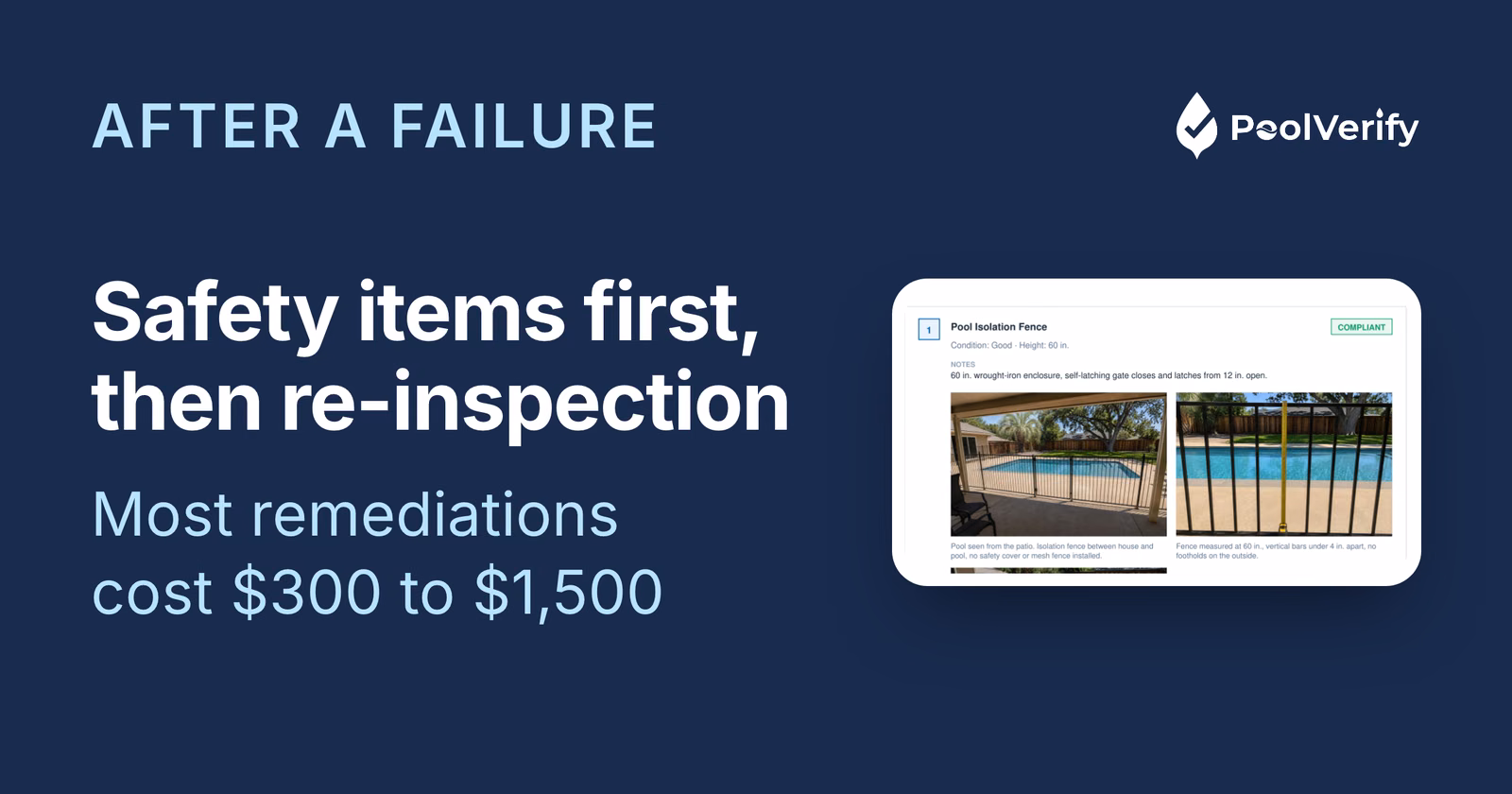 A finding card from a PoolVerify report with its condition, note, and photo, the kind of item a failed inspection lists