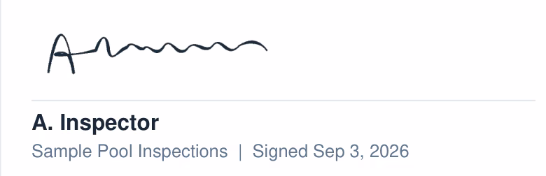 The certification block from page 5 of the report: the signature, the inspector's printed name, the company and the signed date.