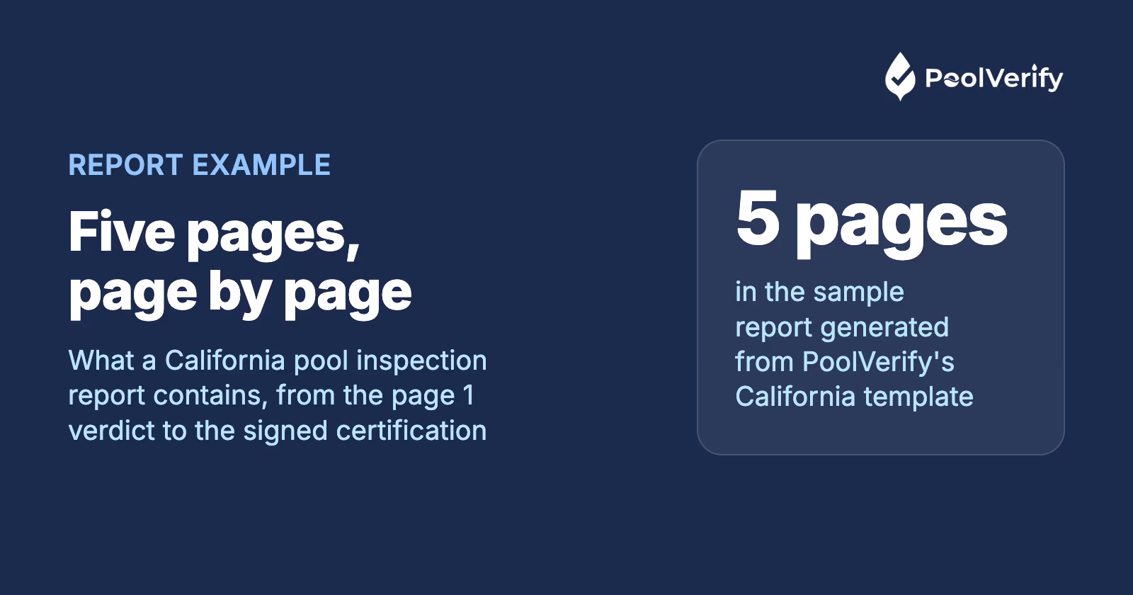 The five-page California pool inspection report sample, from the page 1 verdict to the signed certification