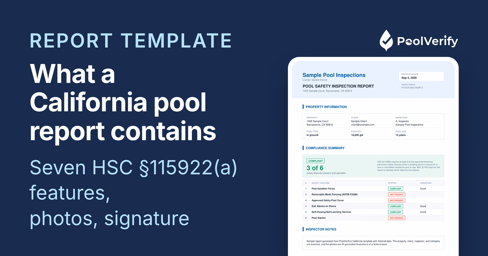 Page 1 of a PoolVerify California pool inspection report with the header, compliance summary, and feature table